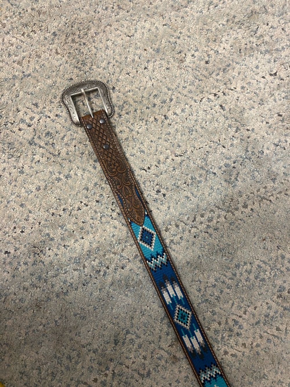 Ariat Brown Leather Belt with Blue Turquoise Beaded Geometric Inlay